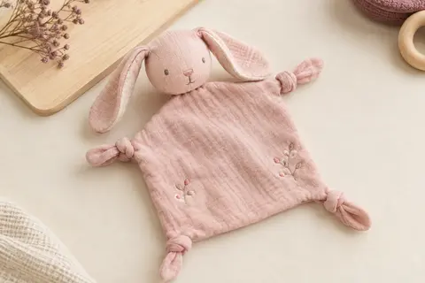 Doudou lapin rose en coton avec quatre nœuds aux coins, présenté sur un fond crème lumineux.