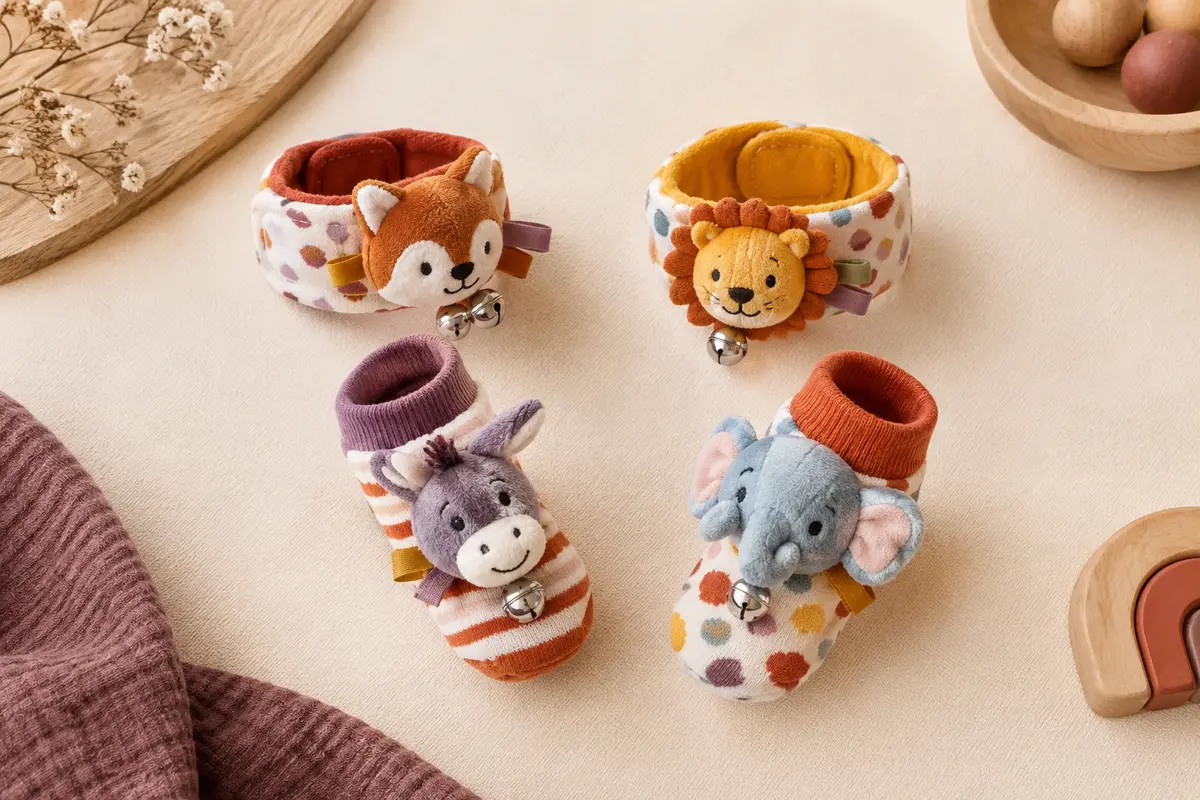 Deux bracelets hochet et deux chaussettes d’éveil à motifs animaux présentés sur un fond crème