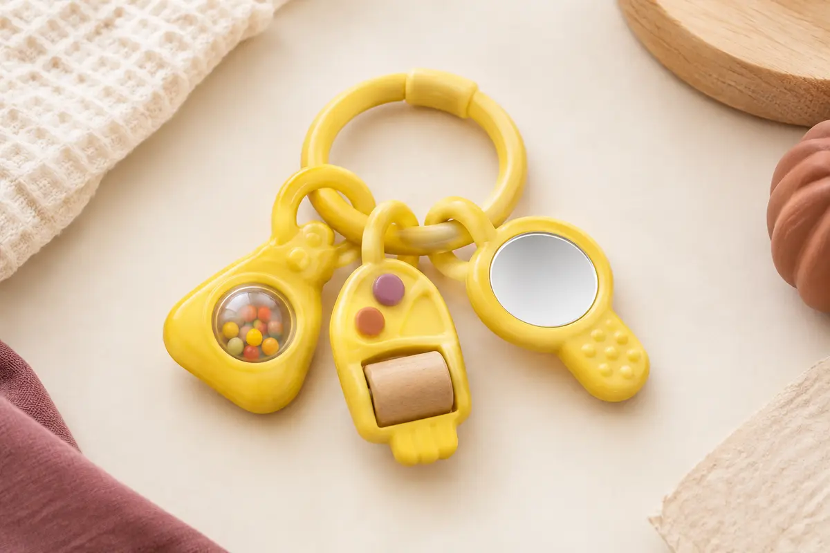 Hochet bébé jaune en forme de trousseau, avec boutons, clés, rouleau, billes et miroir.