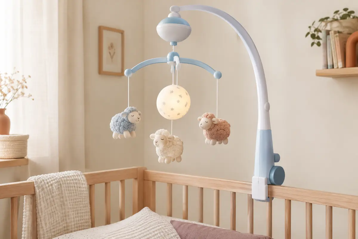 Mobile musical bleu et blanc avec trois moutons en tissu et un globe lumineux détachable