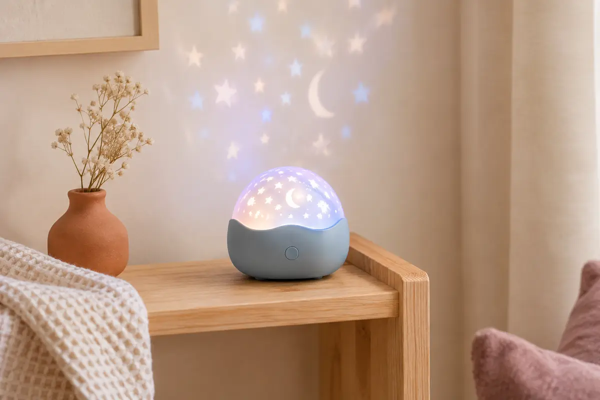 Veilleuse bébé VTech en plastique bleu, présentée sur une étagère en bois clair dans une chambre douce