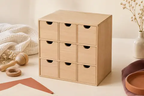 Coffret carré de souvenirs de naissance à neuf tiroirs, présenté sur un fond crème avec des accessoires doux.