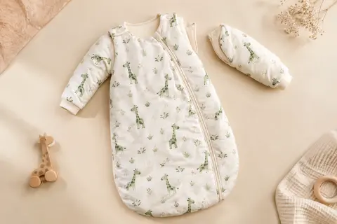 Gigoteuse bébé ouatinée à motif de girafe verte, avec manches amovibles, sur fond crème.