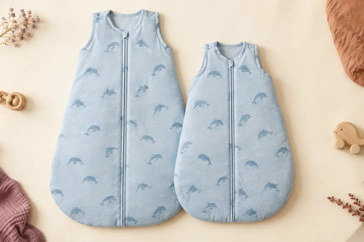 Deux gigoteuses bébé en coton bleu à motif dauphin, présentées côte à côte sur un fond crème.