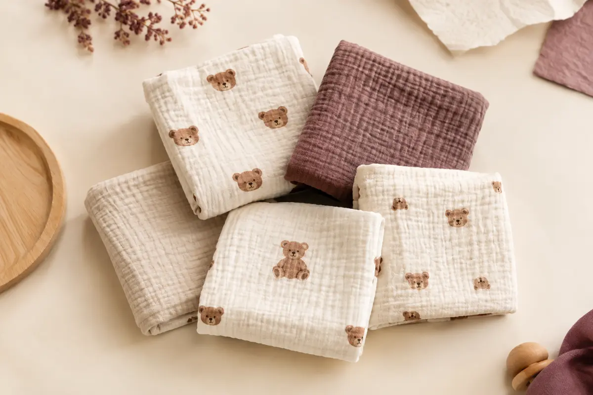 Lot de cinq langes bébé carrés en mousseline de coton avec motif d’ours marron