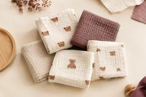 Lot de cinq langes bébé carrés en mousseline de coton avec motif d’ours marron