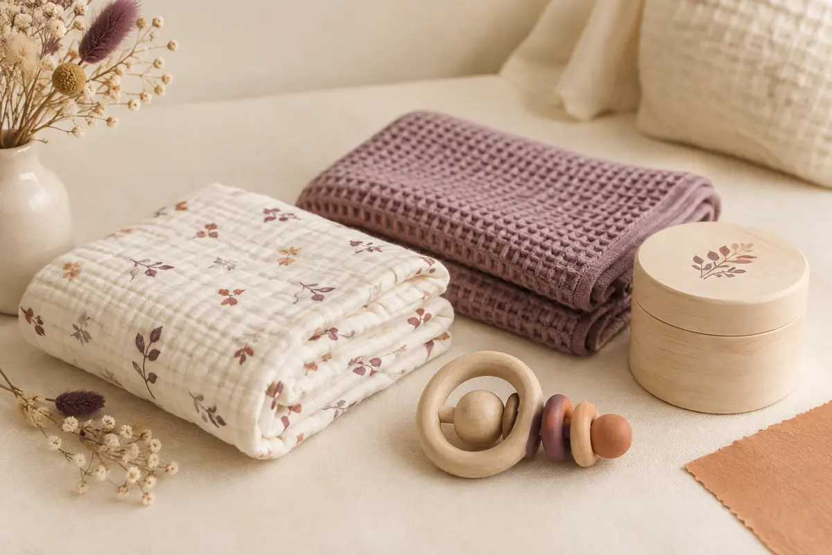 Lange, couverture, hochet et boîte à souvenirs réunis pour évoquer un cadeau de naissance